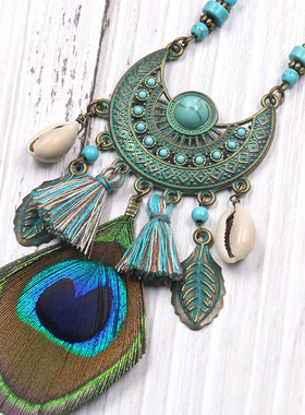 项链贝壳流苏孔雀羽毛吊坠