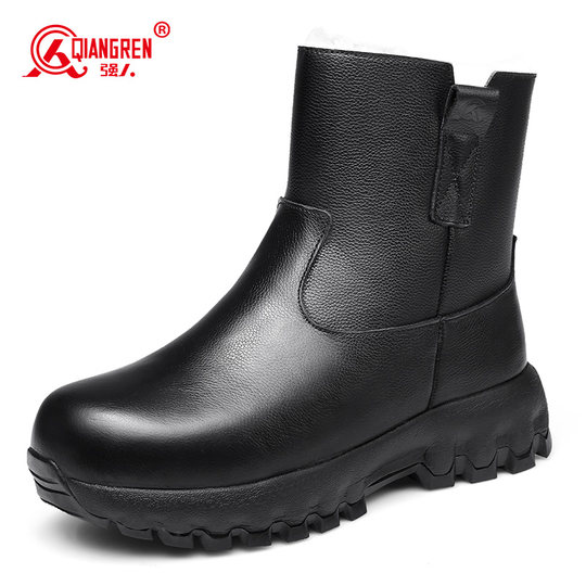 Strong men's genuine leather wool snow boots