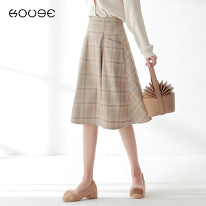 高腰奶茶格子半身裙