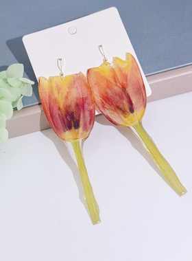 天然真花滴胶耳环紫色野棉花郁金香干花耳饰手工森系小众气质耳坠