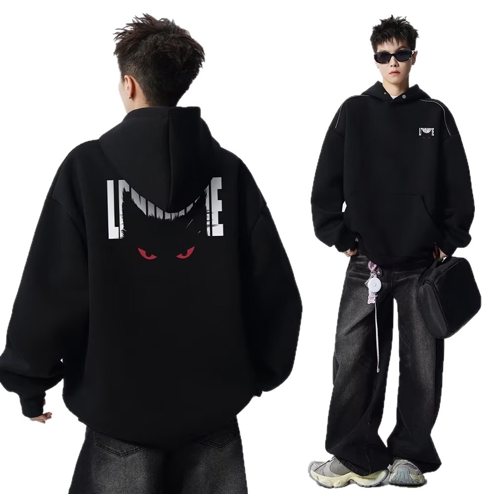 黑色恶魔猫咪印花连帽卫衣男款秋季美式重磅正肩上衣松弛感打底衫 - 图3