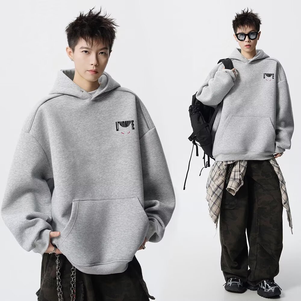 黑色恶魔猫咪印花连帽卫衣男款秋季美式重磅正肩上衣松弛感打底衫 - 图2