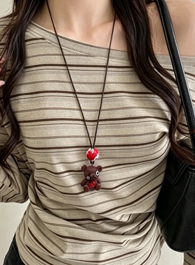 做旧破碎感补丁小熊长项链万圣节亚文化小众可调节皮绳女毛衣链