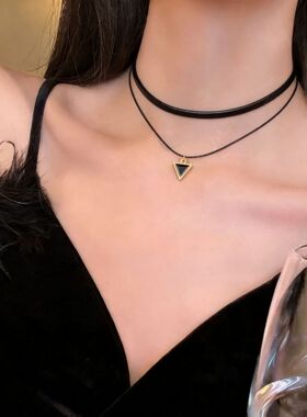 双层星星choker颈链甜酷辣妹黑色皮质项圈女轻奢小众高级感锁骨链