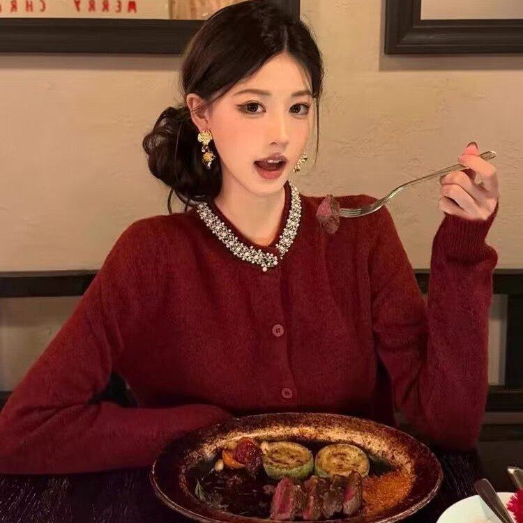 2025套装女装秋冬季小香风红色针织衫毛衣新年亮片裙子气质一整套,淘宝优惠券,粉丝福利购,淘宝优惠卷