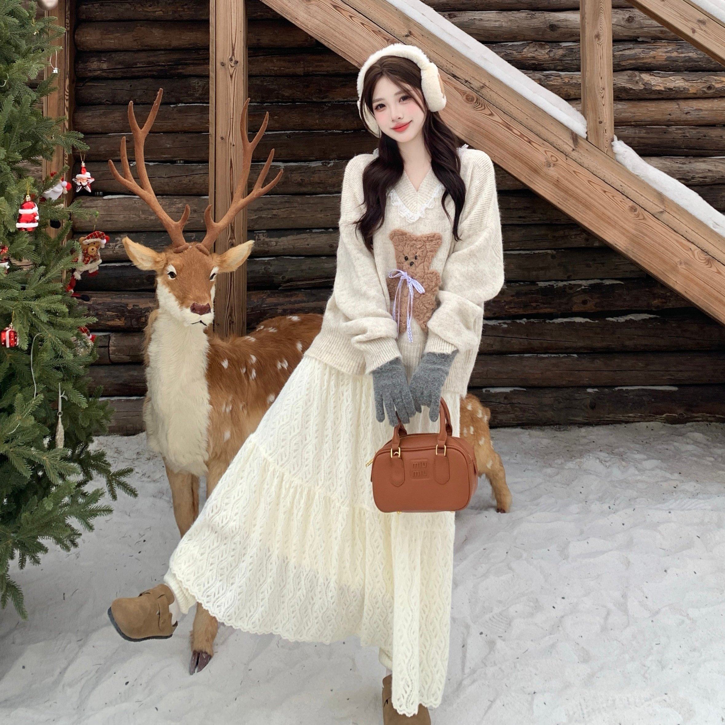 大码女装胖mm显瘦仿貂毛卡通小熊毛衣外套针织毛衣蕾丝半身裙套装,淘宝优惠券,粉丝福利购,淘宝优惠卷