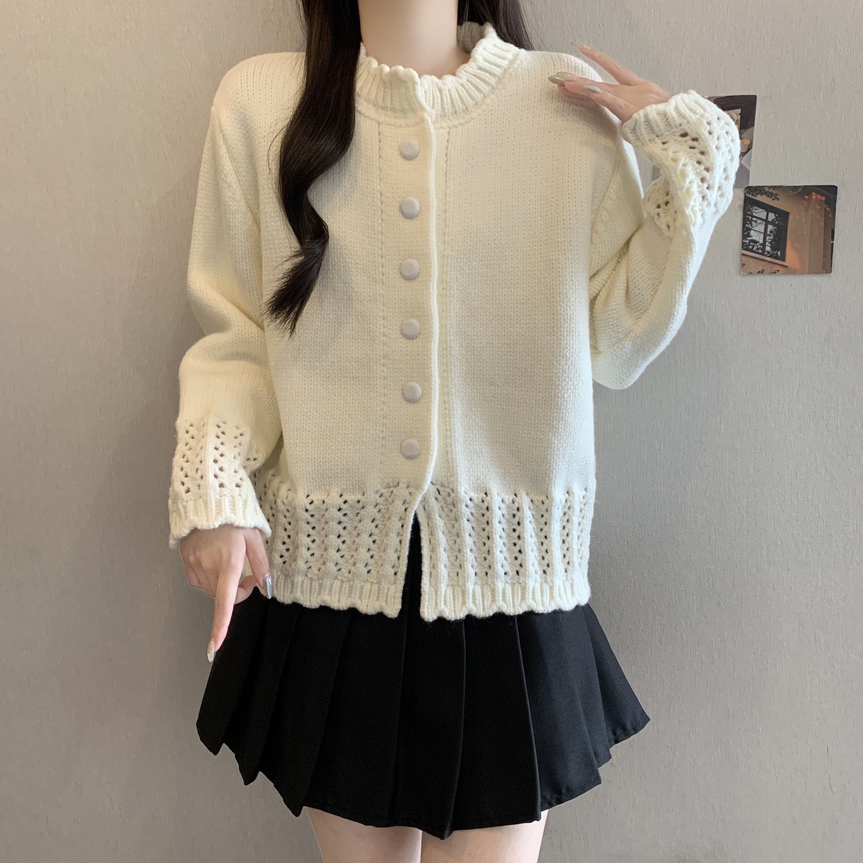洋气减龄纯色钩花针织开衫女秋冬新款款宽松韩系温柔百搭毛衣外套,淘宝优惠券,粉丝福利购,淘宝优惠卷