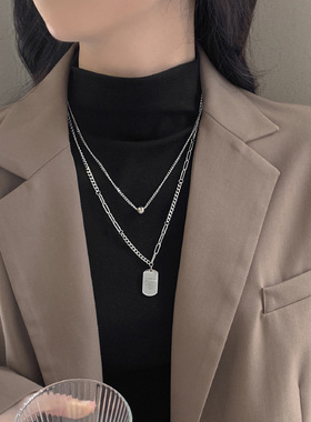 双层叠戴铭牌项链女ins简约小众