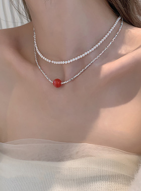 红玛瑙碎银子项链女简约设计高级