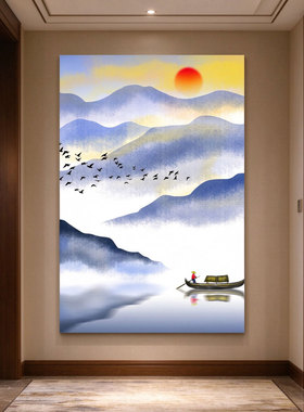 新中式水墨山水装饰画落日孤舟飞鸟意境挂画客厅茶室玄关自粘墙贴