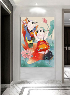 新中式复古风老式墙贴福娃年画挂画怀旧风餐厅民宿娃娃装饰自贴画