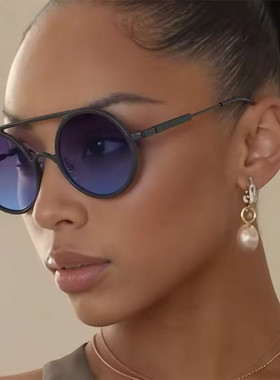 椭圆太阳镜金属镜框复古双梁墨镜