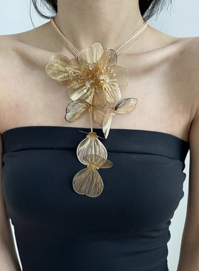 轻奢夸张艺术御姐晚宴金属花朵流苏项链高级婚纱锁骨链复古项链女