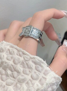 西家满钻闪钻皮带扣土星球辣妹宽版轻奢情侣戒指男女朋克高级指环
