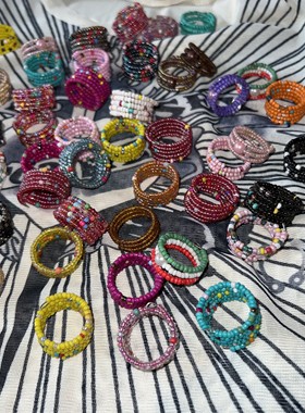 vintage孤品复古手工串珠米珠多层叠带辣妹多巴胺森系戒指开口