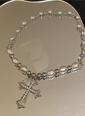 ins辣妹高级感美式复古珍珠项链朋克简约甜酷暗黑十字闪钻锁骨链