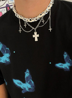 甜酷朋克辣妹十字架流苏项链女小众y2k亚文化皮质项圈缠绕锁骨链