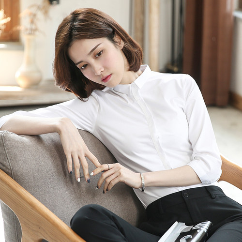 白色衬衫女半袖上衣新款七分袖工作服职业商务工装小领半袖衬衣 - 图0