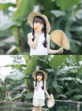 新西瓜创意照少女日系怀旧夏日主题纳凉写真竹椅子手拿复古大蒲扇