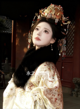 新中式黑色柔软皮草围脖女汉服配饰保暖毛绒围巾新品毛领冬季好物