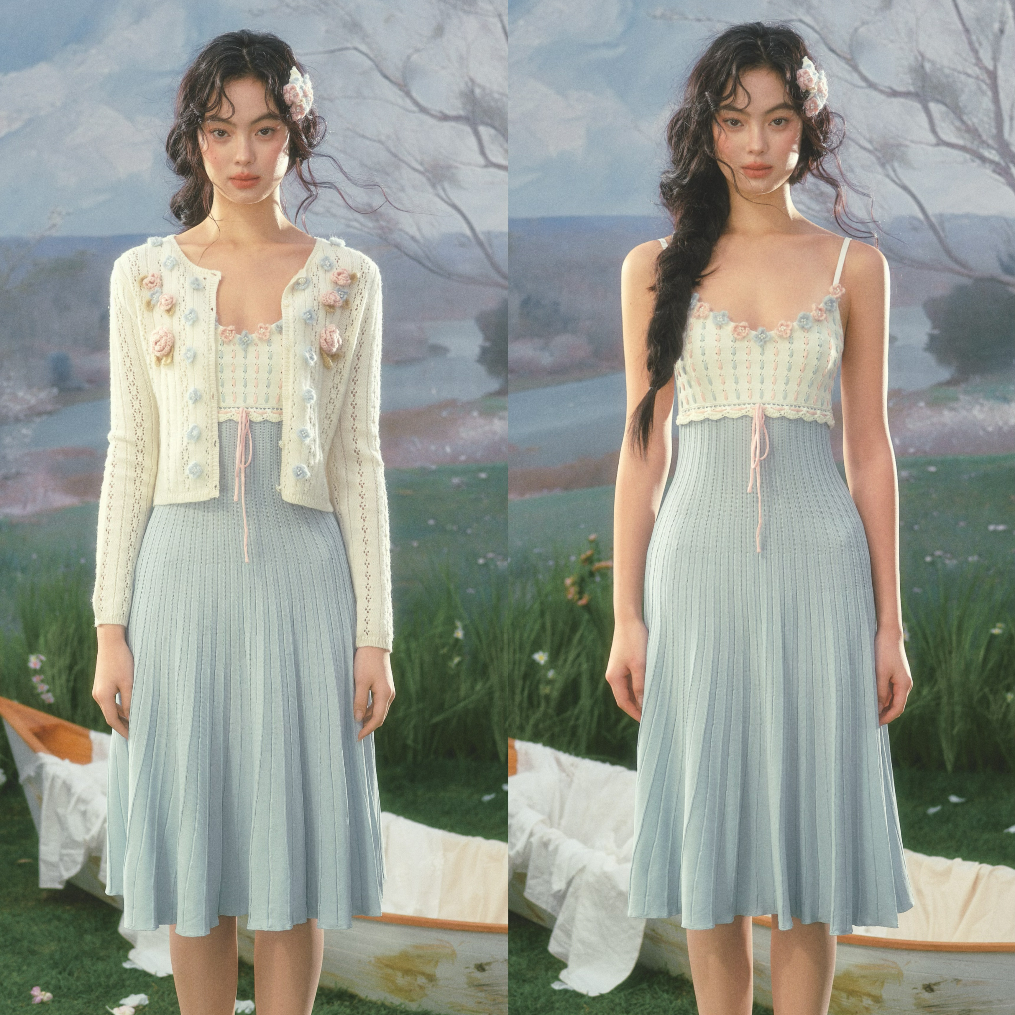 LaceMade 玫瑰潮汐 法式田园针织裙吊带连衣裙长袖开衫蓝色早春女,淘宝优惠券,粉丝福利购,淘宝优惠卷