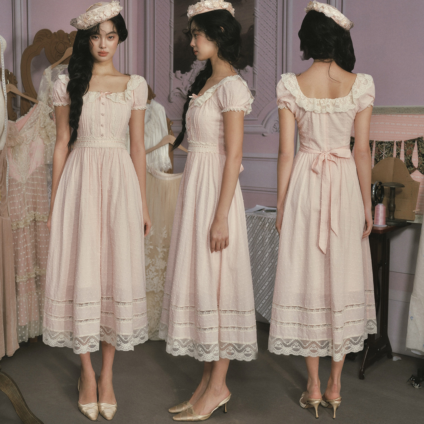 LaceMade 浓汤宝宝 法式甜美粉色公主裙蕾丝拼接方领长款连衣裙女,淘宝优惠券,粉丝福利购,淘宝优惠卷