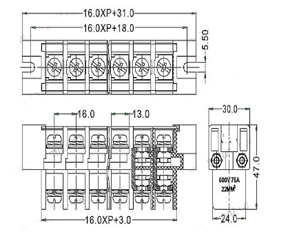 600V 75A 2-3-4-5P 一体穿墙式式贯通接线端子排16mm FTB75-11 - 图2