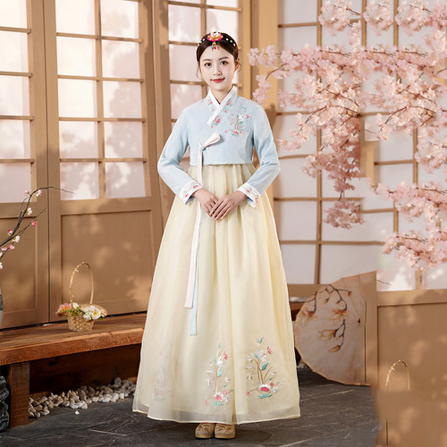 红色韩服长裙写真灰色朝鲜服装鲜族服女大长今民族舞蹈服韩国古装 - 图1