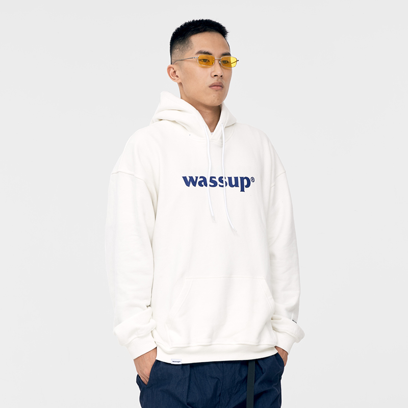加絨連帽寬松套頭衛衣 國潮牌秋季寶藍純色棉外套印花 WASSUP logo 加絨連帽寬松套頭衛衣 國潮牌秋季寶藍純色棉外套印花 WASSUP logo