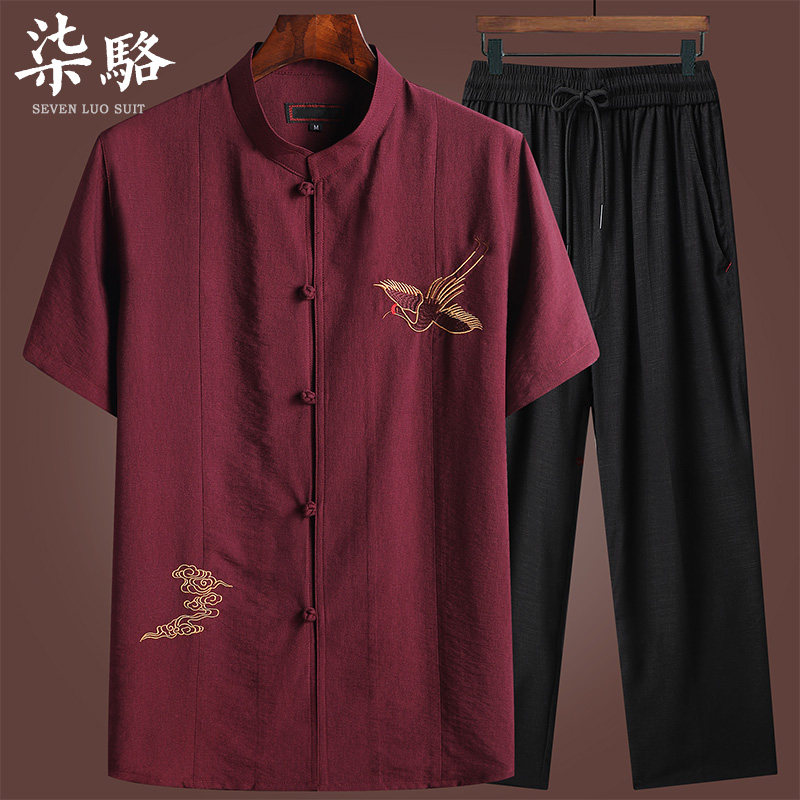 中老年唐装男士短袖夏季老人衬衫 柒骆唐装