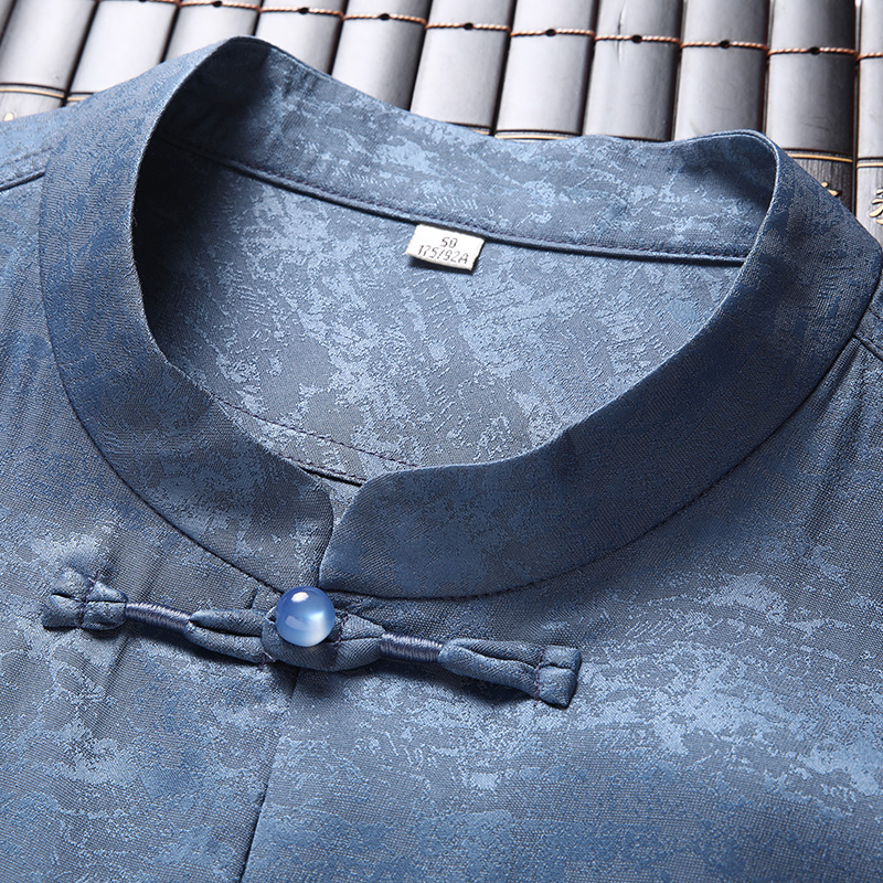 桑蚕丝唐装男短袖真中老年爸爸复古 柒骆唐装