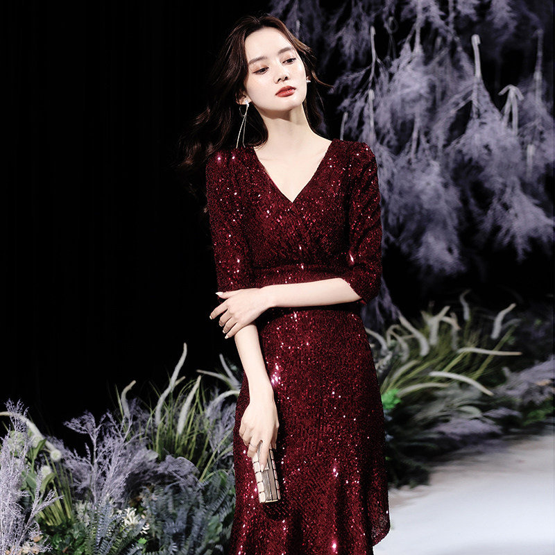 高档晚礼服女2025新款宴会气质鱼尾酒红色亮片主持人晚会长裙晚装,淘宝优惠券,粉丝福利购,淘宝优惠卷