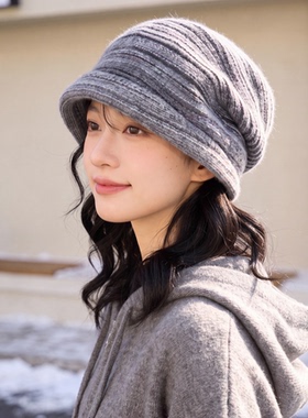 复古针织堆堆帽女秋冬保暖包头冷帽韩系纯色百搭显脸小黑色帽子