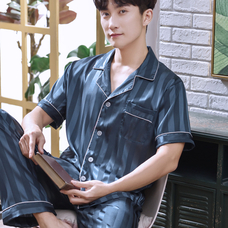 好得西旗舰店男士丝绸睡衣男夏季薄款短袖长裤冰丝套装夏天家居服开衫春秋大码0