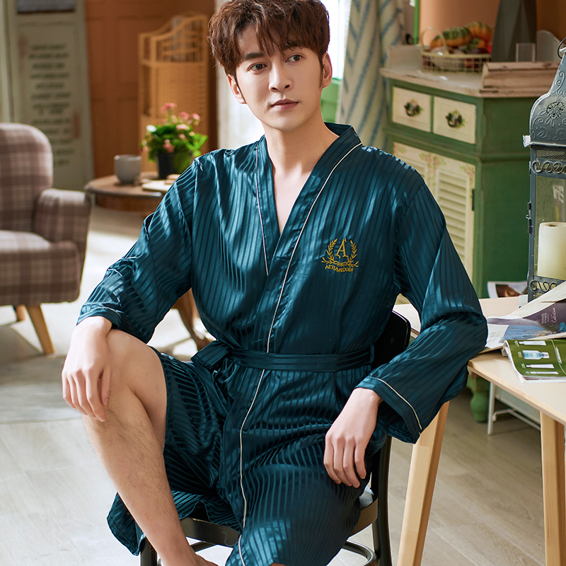好得西旗舰店睡衣男夏季薄款冰丝睡袍浴袍短裤丝绸套装系带春秋家居服长袖男士0