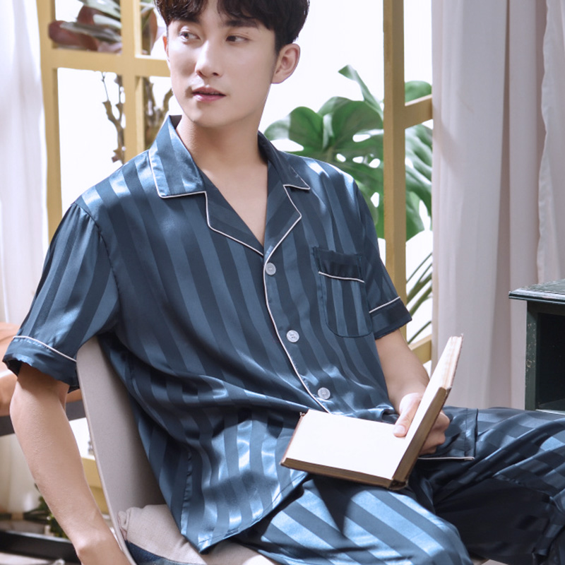好得西旗舰店男士丝绸睡衣男夏季薄款短袖长裤冰丝套装夏天家居服开衫春秋大码2