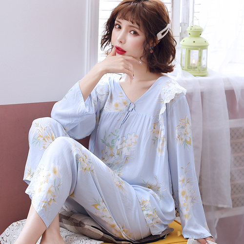 棉绸睡衣女春秋季长袖绵绸套装夏款大码夏天家居服薄款2026年新款 - 图0