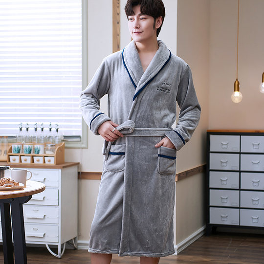 睡衣加厚珊瑚绒睡袍男士秋冬季春秋款晨袍法兰绒套装浴袍男款长袍