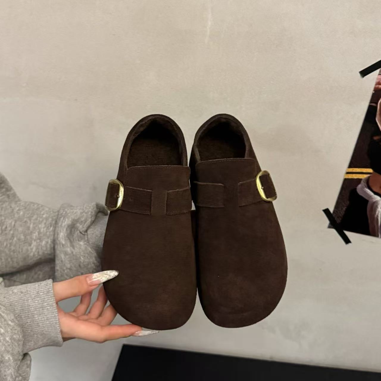 真皮加绒勃肯鞋女2025秋冬爆款内增高厚底一脚蹬棉鞋女 - 图2