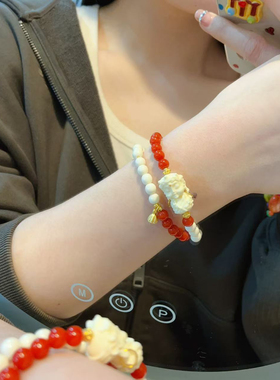 鹿骨搭配南红色玛瑙双圈手链 点缀象牙果度母镀金等配饰 手链
