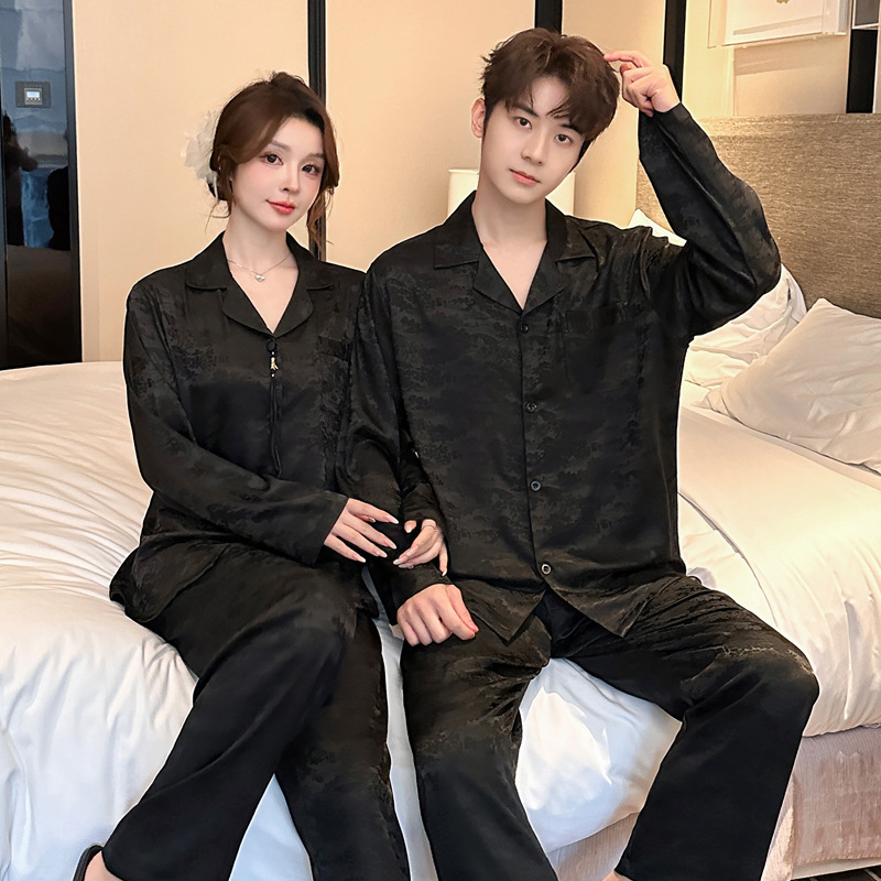 古风情侣睡衣女春秋季新款提花高级感冰丝薄款套装凉感男士家居服 - 图0