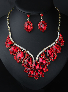 欧美闪水晶水钻项链耳环套装礼服宴会女夸张首饰配饰品