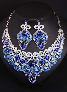 欧美奢华水晶水钻宝石项链套装