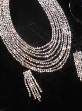 跨境货源欧美时尚爪链系列多层水钻夸张项链耳环套装晚宴锁骨项链