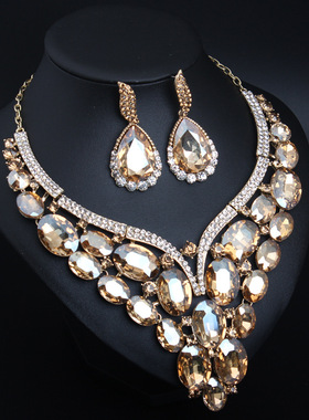 欧美水晶玻璃配件锁骨项链耳环套装新娘宴会夸张女配饰批发