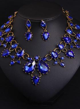 欧美奢华套装水晶玻璃短锁骨项链