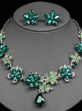 欧美项链耳环套装女跨境首饰水晶水外合金新娘结婚饰品花朵复古风