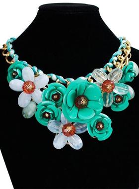 欧美花项链彩色花朵宝石吊坠绳编织项链短锁骨夸张女配饰品项链