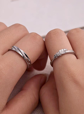 s925纯银丘比特之羽情侣戒指对戒男女一对羽毛开口指环