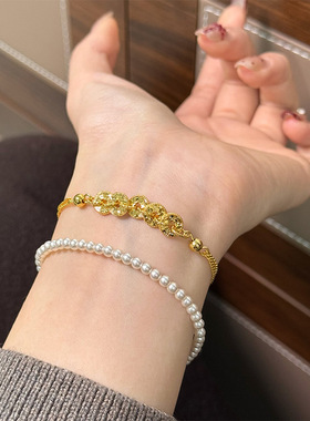 S925纯银碎碎冰金色五帝钱币项链吊坠新中式古法精致招财进宝手链